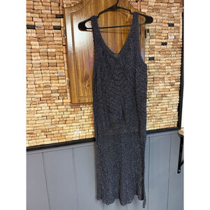 Peruvian Connection A-Line Sleeveless V-neck Knit Metallic Silver Dress Size XL